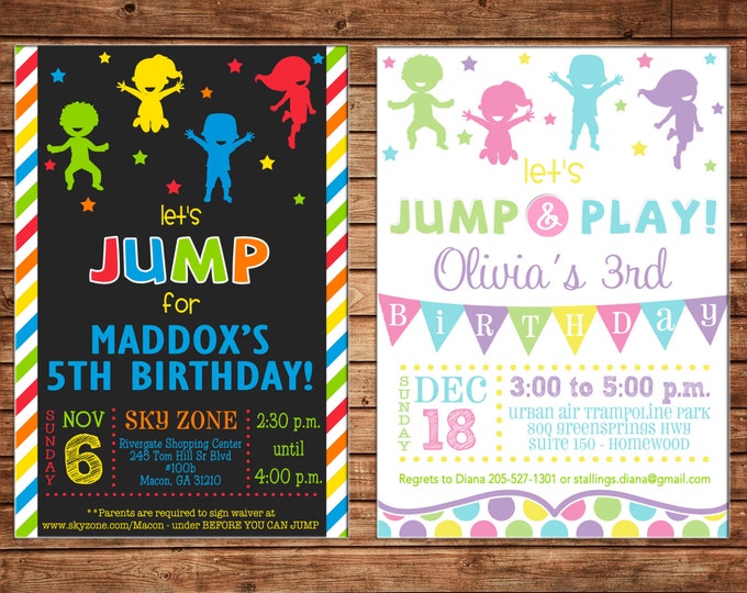 Boy or Girl Invitation Trampoline Bounce House Inflatable Birthday Party - Can personalize colors /wording - Printable File or Printed Cards