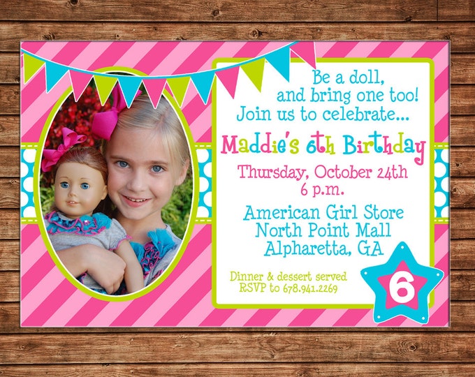 Girl Photo Invitation Doll Bistro Birthday Party - Can personalize colors /wording - Printable File or Printed Cards