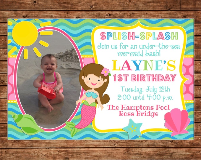 Girl Photo Invitation Mermaid Pool Beach Birthday Party - Can personalize colors /wording - Printable File or Printed Cards