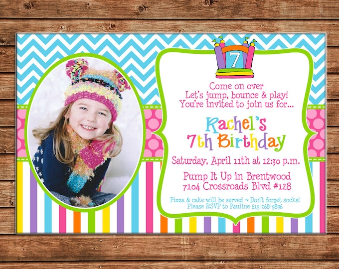 Girl Photo Invitation Bounce House Inflatable Birthday Party - Can personalize colors /wording - Printable File or Printed Cards