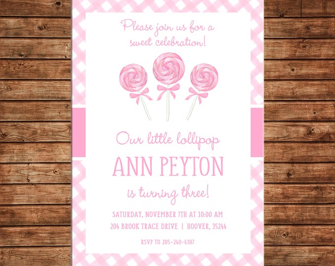 Girl Invitation Watercolor Candy Pink Lollipop Sucker Birthday Party - Can personalize colors /wording - Printable File or Printed Cards