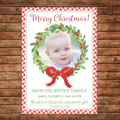 Christmas Holiday Photo Card Gingham Wreath Monogram Can Personalize Printable File