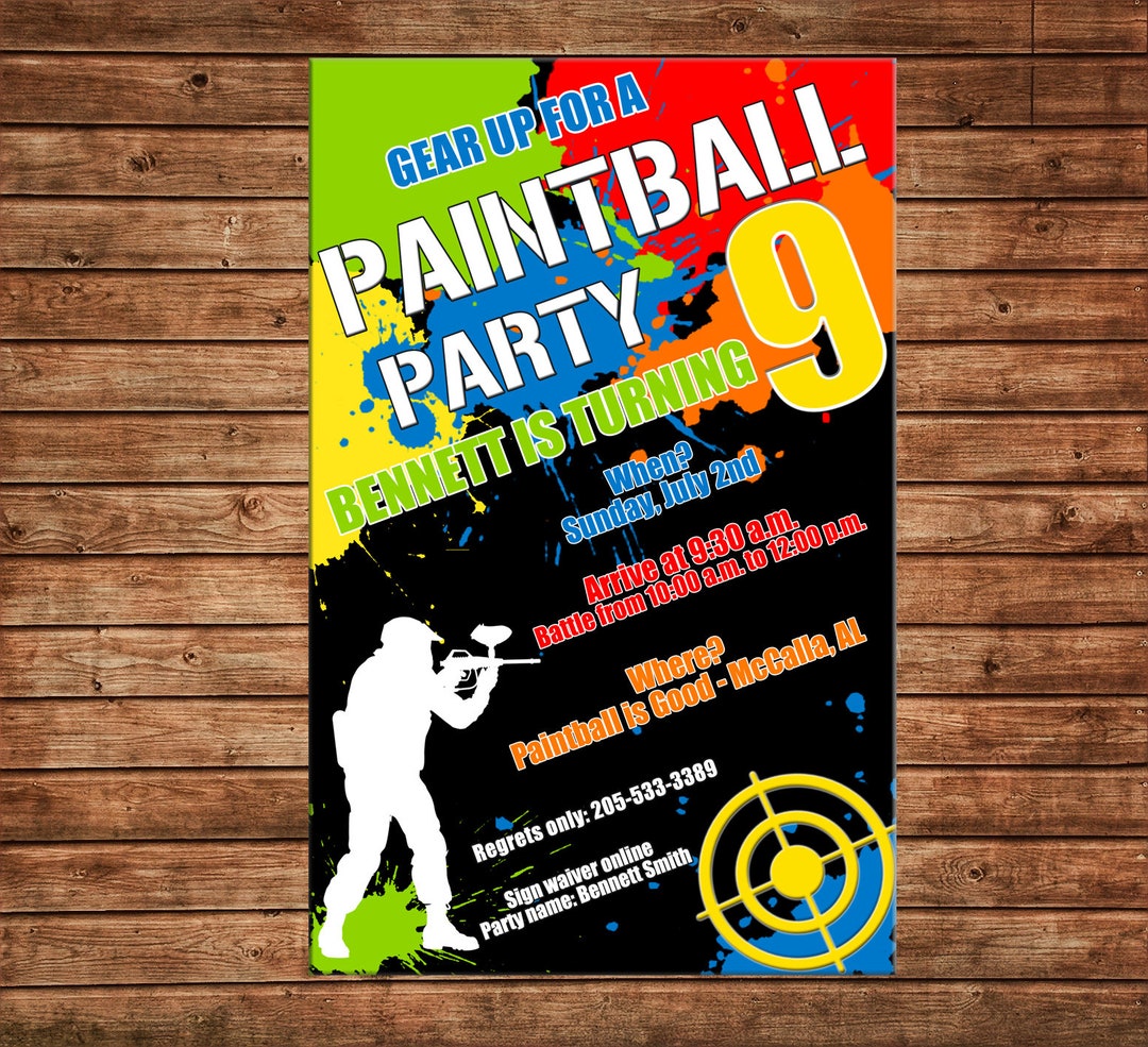 Boy Invitation Paint Ball Paintball Birthday Party Can Personalize Colors /wording Printable