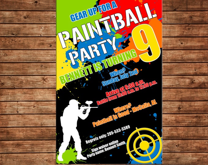 Boy Invitation Paint Ball Paintball Birthday Party - Can personalize colors /wording - Printable File or Printed Cards