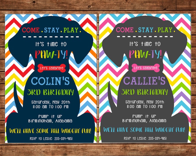 Boy or Girl Invitation Puppy Pawty Dog Chevron Birthday Party - Can personalize colors /wording - Printable File or Printed Cards