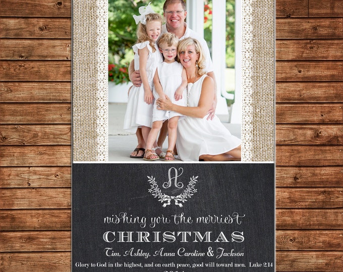 Photo Picture Christmas Holiday Card Burlap Lace Chalkboard Chalk Monogram Elegant - Digital File