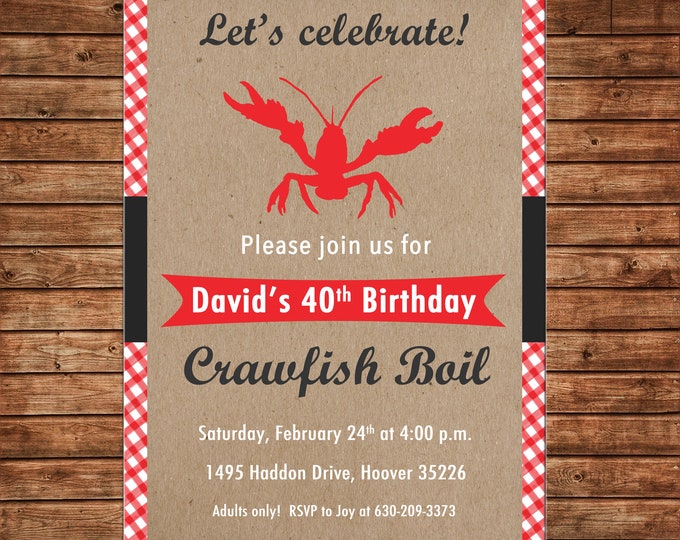 Invitation Crawfish Boil Burlap Red Gingham Crawfish Low Country  - Can personalize colors /wording - Printable File or Printed Cards