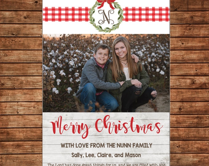 Christmas Holiday Photo Card Watercolor Wreath Gingham Rustic Farmhouse  - Can Personalize - Printable File