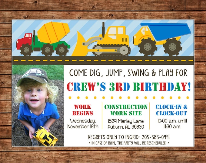 Boy Photo Invitation Construction Dump Truck Digger Birthday Party - Can personalize colors /wording - Printable File or Printed Cards