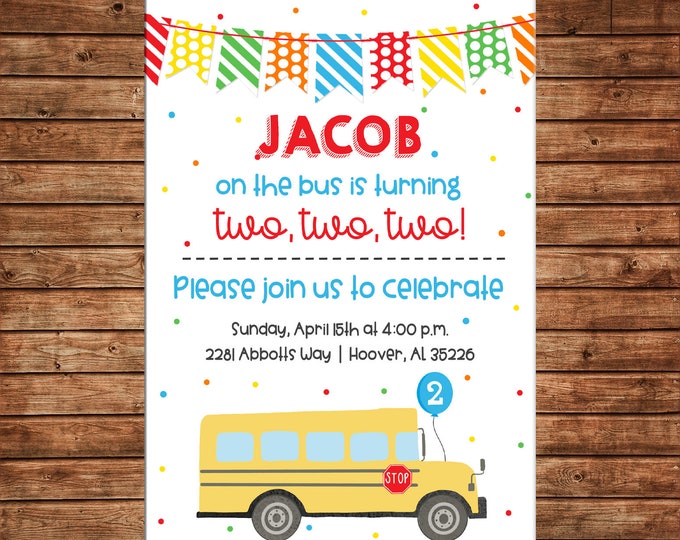 Boy or Girl Invitation Wheels on the Bus Two Birthday Party - Can personalize colors /wording - Printable File or Printed Cards