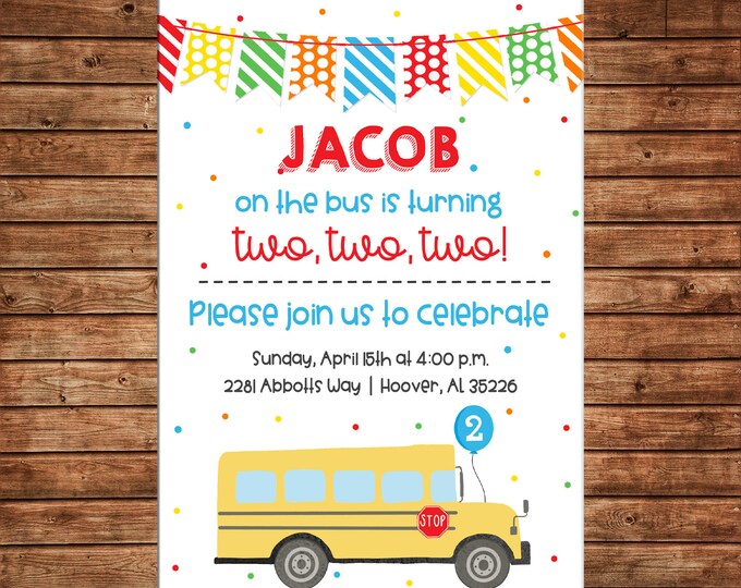 Boy or Girl Invitation Wheels on the Bus Two Birthday Party - Can personalize colors /wording - Printable File or Printed Cards