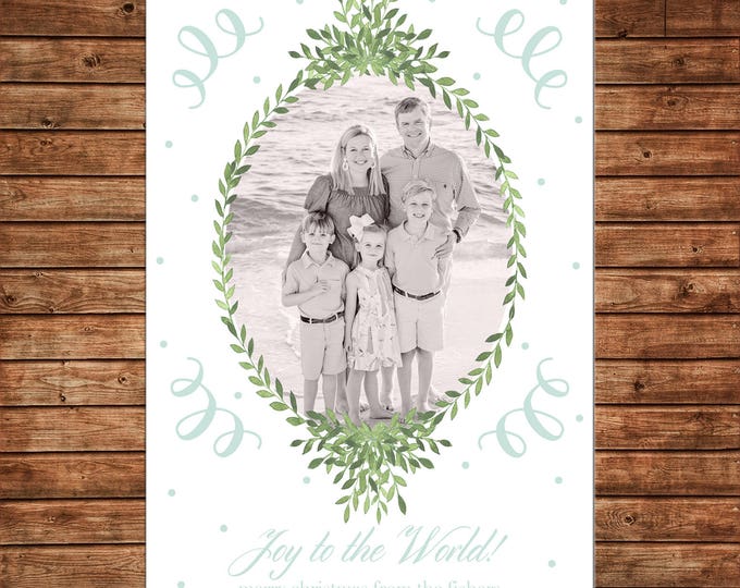 Christmas Holiday Photo Card Watercolor Wreath Mint Elegant Traditional  - Can Personalize - Printable File