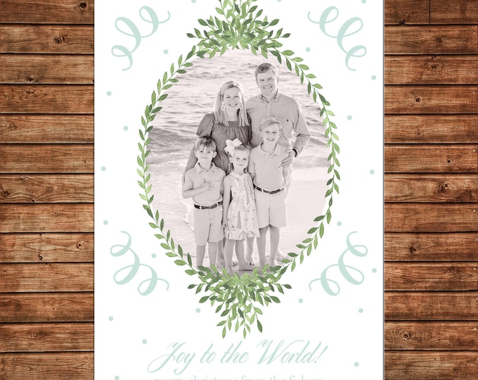 Christmas Holiday Photo Card Watercolor Wreath Mint Elegant Traditional  - Can Personalize - Printable File