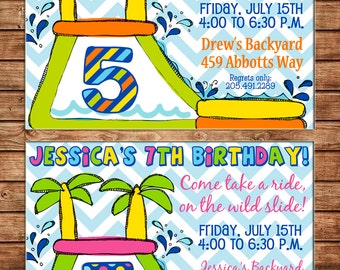 Boy or Girl Invitation Waterslide Inflatable Birthday Party - Can personalize colors /wording - Printable File or Printed Cards