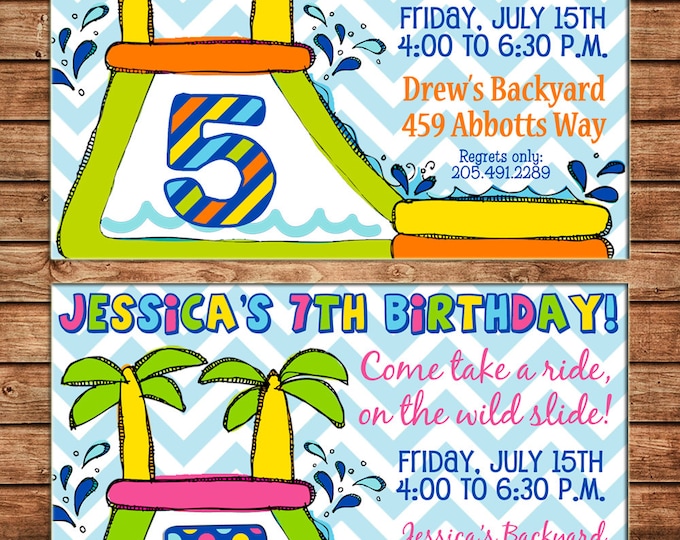 Boy or Girl Invitation Waterslide Inflatable Birthday Party - Can personalize colors /wording - Printable File or Printed Cards