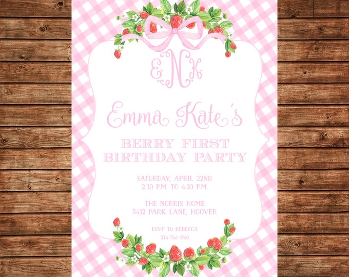 Girl Invitation Berry First Strawberry Watercolor Birthday Party - Can personalize colors /wording - Printable File or Printed Cards