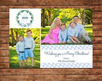 Christmas Holiday Photo Card Blue Watercolor Wreath Gingham  - Can Personalize - Printable File