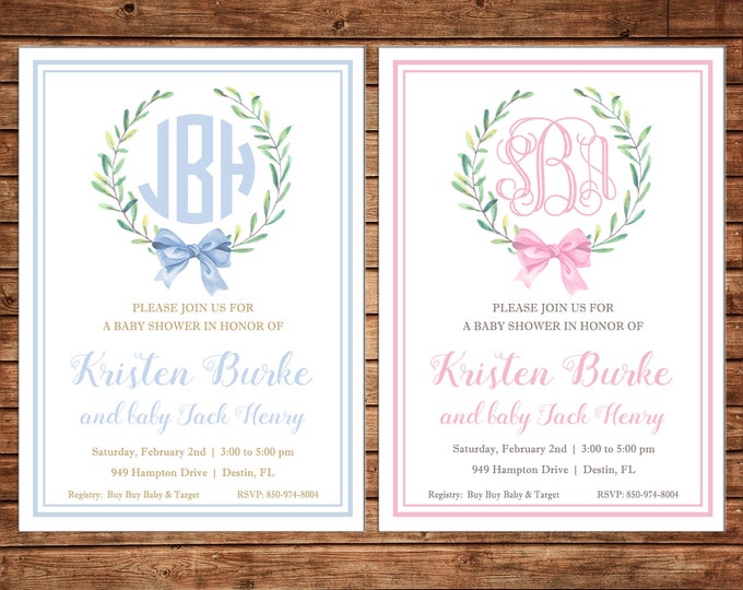 Boy or Girl Invitation Monogram Watercolor Laurel Wreath Shower Party - Can personalize colors /wording - Printable File or Printed Cards