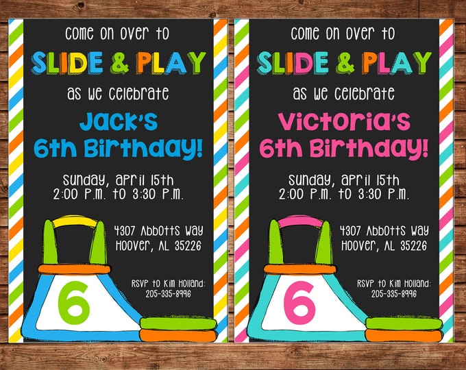 Boy or Girl Invitation Inflatable Slide Bounce House Birthday Party - Can personalize colors /wording - Printable File or Printed Cards