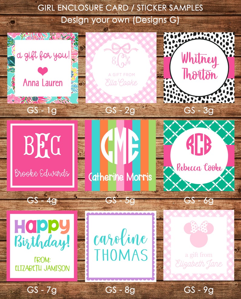 24 Square Personalized Girl Enclosure Cards, Gift Stickers, Gift Tags image 1