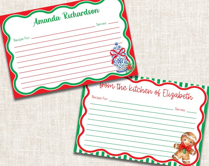 Personalized Christmas Recipe Cards, Preppy Recipe Cards, Monogrammed Recipe Cards