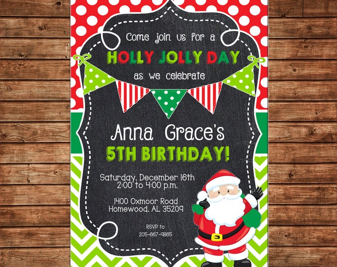Boy or Girl Christmas Santa Whimsical Birthday Party - Can personalize colors /wording - Printable File or Printed Cards