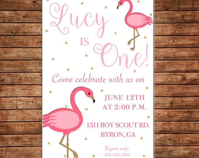 Girl Invitation Flamingo Gold Glitter Shower Birthday Party - Can personalize colors /wording - Printable File or Printed Cards