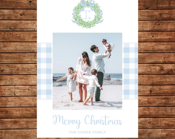 Christmas Holiday Photo Card Watercolor Blue Gingham Wreath  - Can Personalize - Printable File
