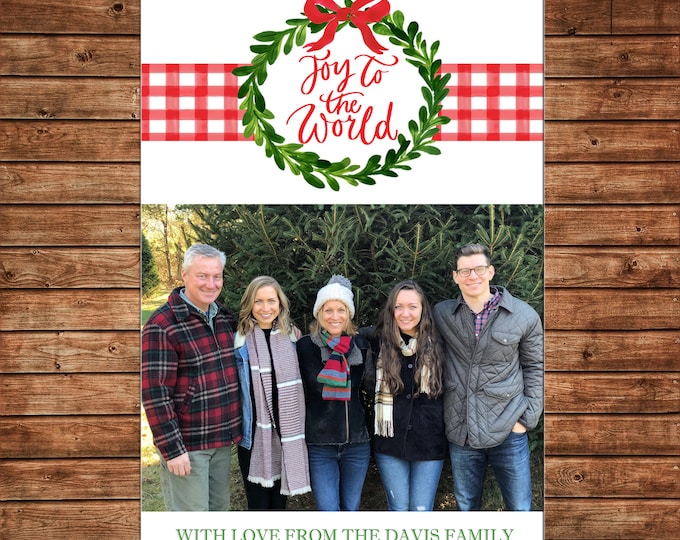 Christmas Holiday Photo Card Watercolor Wreath Gingham Joy to the World  - Can Personalize - Printable File