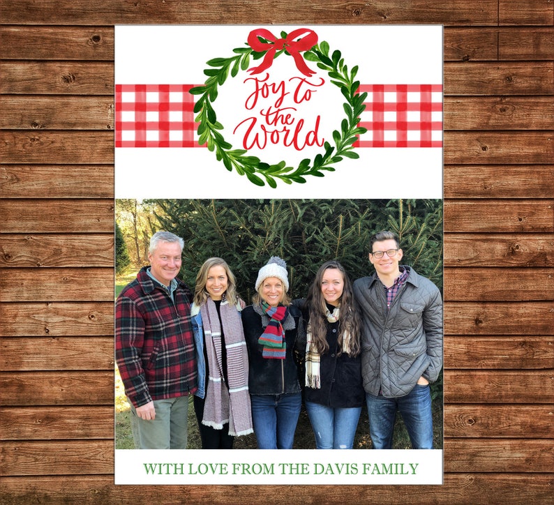 Christmas Holiday Photo Card Watercolor Wreath Gingham Joy to - Etsy