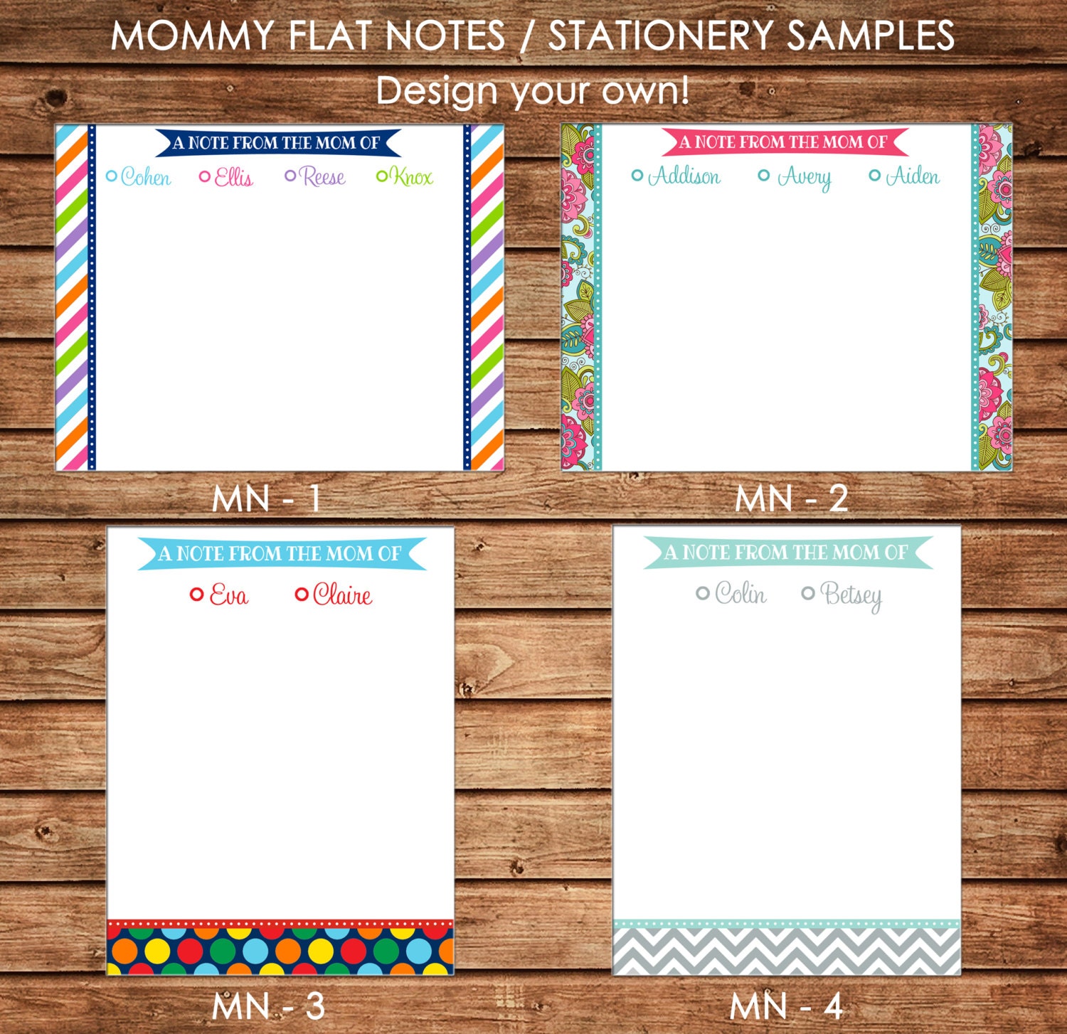 Personalized Mommy From the Mom of Children Kids Flat Notes Notecards  Stationery with Envelopes - Design your own - Choose ONE DESIGN