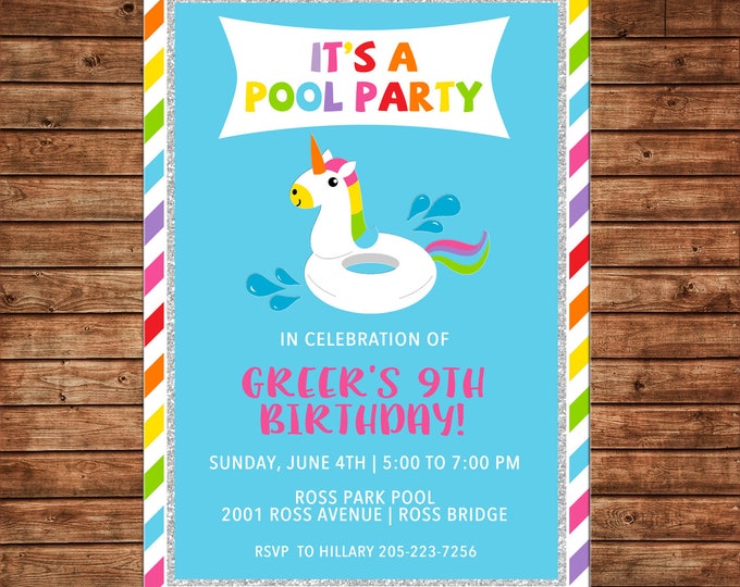 Girl Invitation Unicorn Float Pool Beach Birthday Party - Can personalize colors /wording - Printable File or Printed Cards