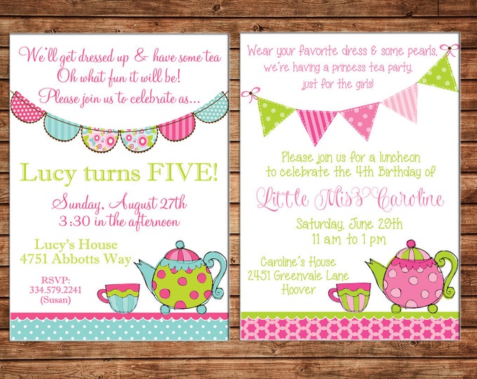 Girl Invitation High Tea Bunting Birthday Party - Can personalize colors /wording - Printable File or Printed Cards