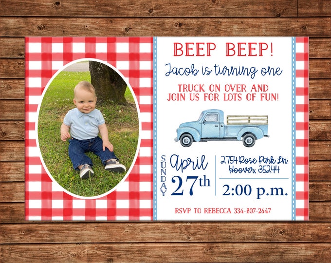 Boy Photo Invitation Pick up Vintage Truck Birthday Party - Can personalize colors /wording - Printable File or Printed Cards