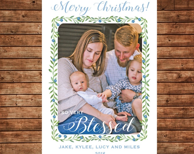 Christmas Holiday Photo Card Baby Blue Watercolor Wreath - Can Personalize - Printable File