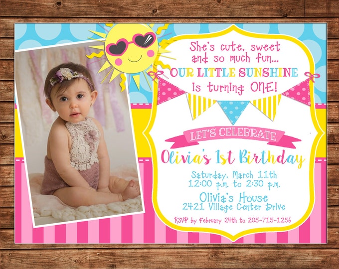 Girl Photo Invitation Little Sunshine Summer Beach Pool Birthday Party - Can personalize colors /wording - Printable File or Printed Cards