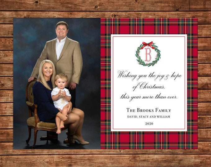 Christmas Holiday Photo Card Watercolor Wreath Tartan Plaid - Can Personalize - Printable File