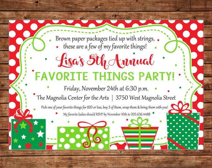 Christmas Invitation Favorite Things Dirty Santa Gift Exchange Party - Can personalize colors /wording - Printable File or Printed Cards