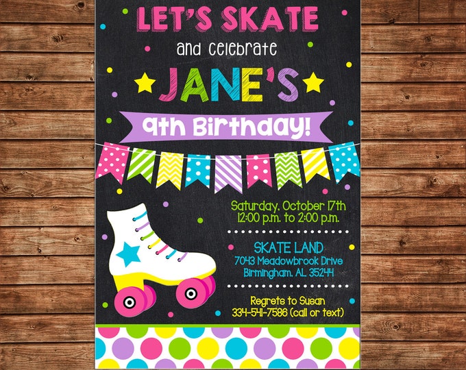 Girl Invitation Roller Skating Rollerskating Bunting Birthday Party - Can personalize colors /wording - Printable File or Printed Cards