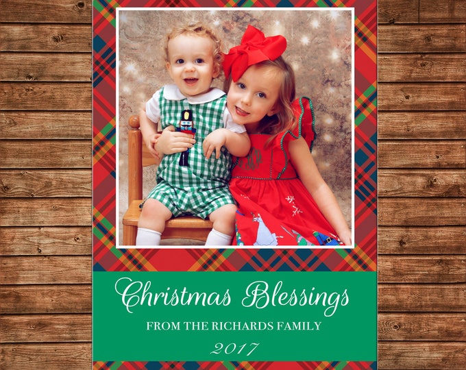 Christmas Holiday Photo Card Tartan Plaid Blessings  - Can Personalize - Printable File