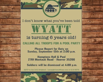 Boy Invitation Camo Camouflage Hunting Army Birthday Party - Can personalize colors /wording - Printable File or Printed Cards