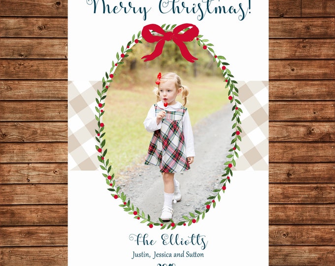 Christmas Holiday Photo Card Watercolor Wreath Greenery - Can Personalize - Printable File