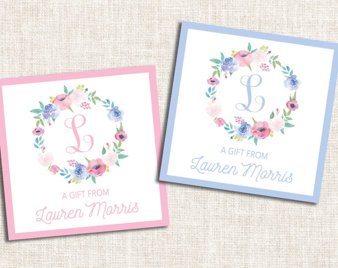 Personalized Girl Gift Tags, Enclosure Cards, Gift Stickers, Floral Wreath