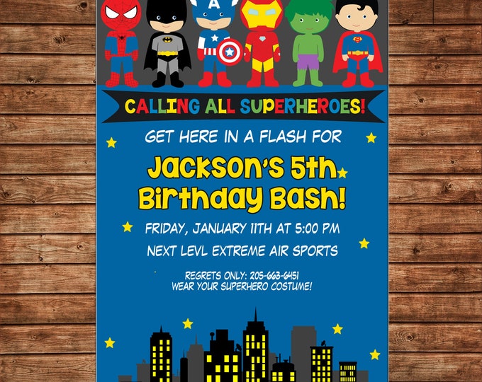 Boy Invitation Super hero Superhero Shield Birthday Party - Can personalize colors /wording - Printable File or Printed Cards