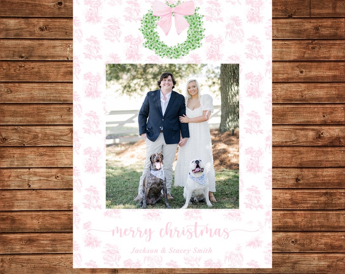 Christmas Holiday Photo Card Watercolor Pink Gingham Wreath  - Can Personalize - Printable File