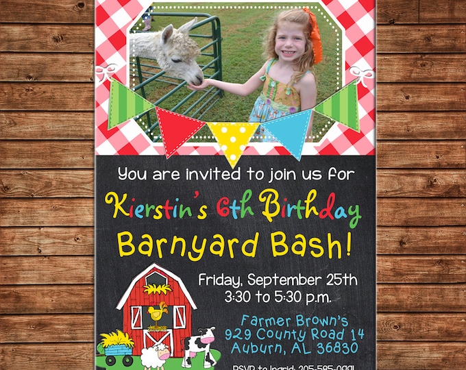 Boy or Girl Photo Invitation Petting Zoo Farm Barn Birthday Party - Can personalize colors /wording - Printable File or Printed Cards