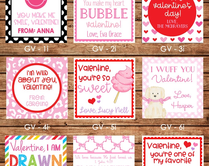 24 Square Girl Valentine Enclosure Cards, Gift Stickers, Gift Tags