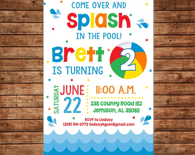 Boy or Girl Invitation Summer Pool Splash Swim Birthday Party - Can personalize colors /wording - Printable File or Printed Cards