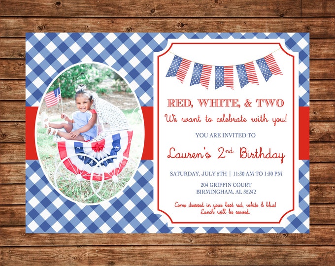 Boy or Girl Photo Invitation 4th of July Patriotic Birthday Party - Can personalize colors /wording - Printable File or Printed Cards