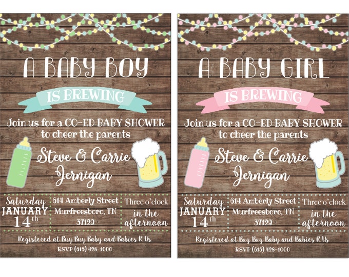 Boy or Girl Invitation Baby Brewing Beer Shower Party - Can personalize colors /wording - Printable File or Printed Cards
